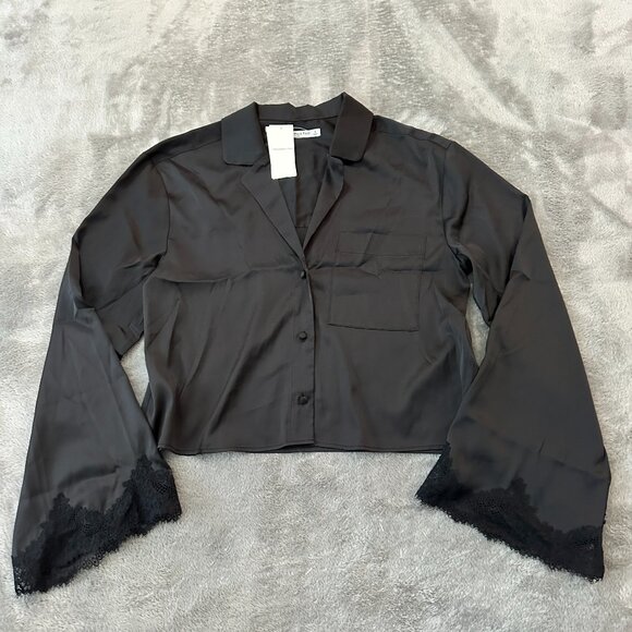 NWT Abercrombie & Fitch Black Satin Lace Long Sleeve Top Blouse Women's SMALL - Picture 1 of 5